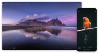 Computer desktop with mountain background and mobile phone with bird background