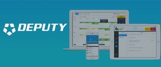 Mobile phone, tablet, and laptop devices with Deputy logo